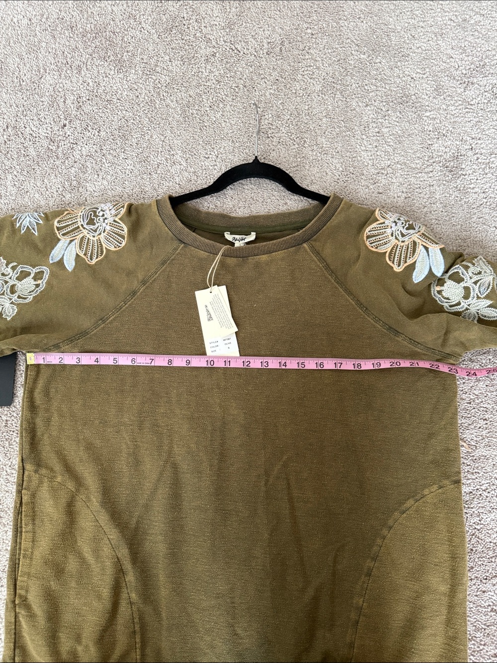 Blue Velvet Brand Mineral Washed Olive Embroidered Floral Sleeve Sweatshirt - Picture 11 of 15